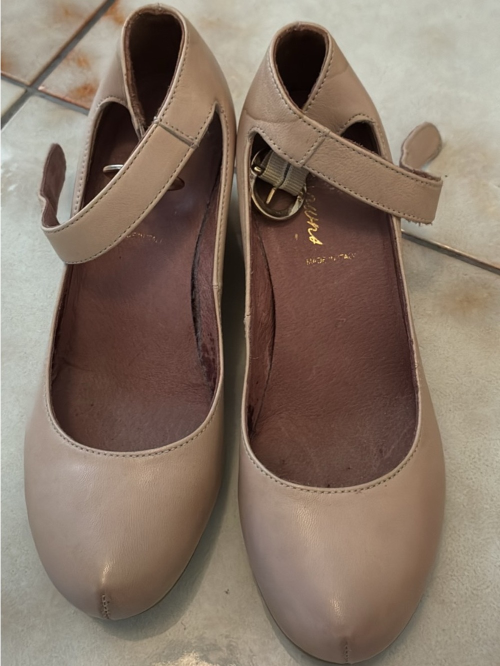 Women's Italian Leather Wedge in Taupe with Buckle Strap